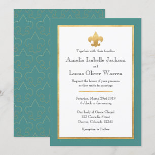 Teal & Guld Fleur De Lis Bröllopsinbjudan Inbjudningar