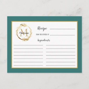 Teal Guld Foliage Botanical Monogram Recipe Card Vykort