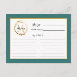 Teal Guld Foliage Botanical Monogram Recipe Card Vykort