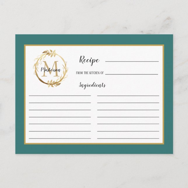 Teal Guld Foliage Botanical Monogram Recipe Card Vykort (Framsida)