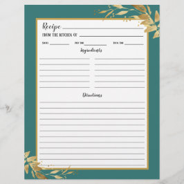 Teal Guld Foliage Botanical Recipe Binder Page