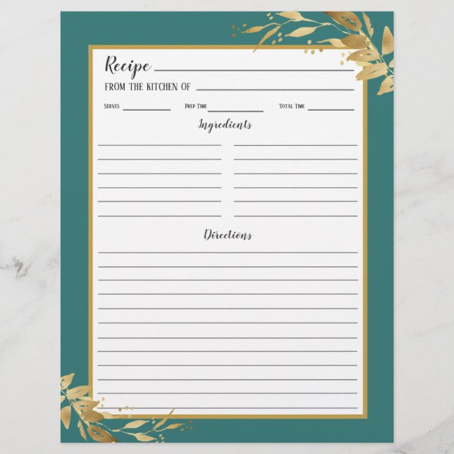 Teal Guld Foliage Botanical Recipe Binder Page (Framsida)