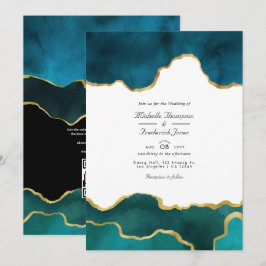 Teal & Guld Geode Agat Sten QR-kod RSVP Bröllop Inbjudningar