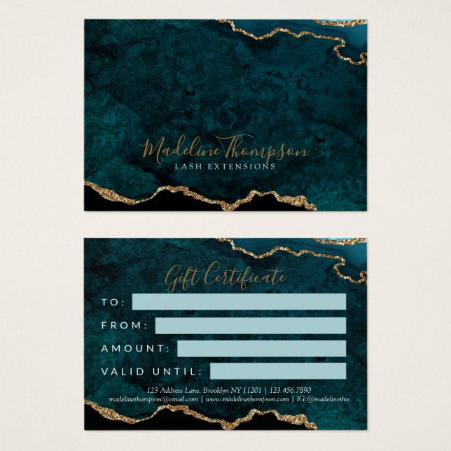 Teal Guld Glitter Agate Business Gift Certificate Visitkort (Framsida & baksida)