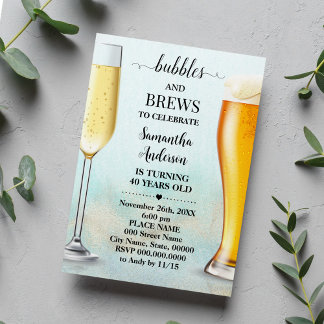 Teal Guld Glitter Bubbles & Brews Vuxnas Birday Inbjudningar