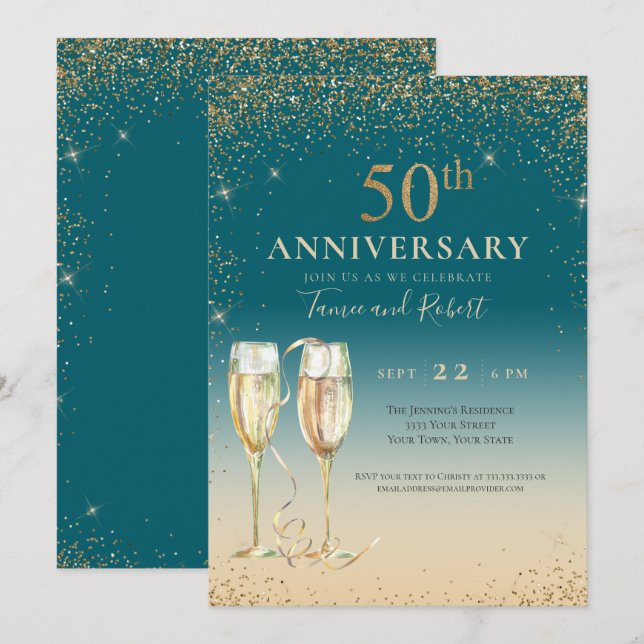 Teal Guld Glitter Champagne 50-årsjubileum Inbjudningar (Fram/baksida)