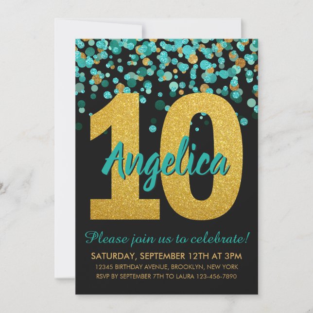 Teal Guld Glitter Confetti Black 10:e födelsedagen Inbjudningar (Framsida)