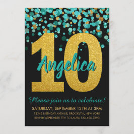 Teal Guld Glitter Confetti Black 10:e födelsedagen Inbjudningar