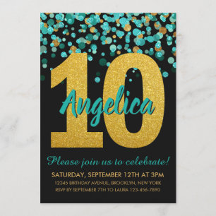 Teal Guld Glitter Confetti Black 10:e födelsedagen Inbjudningar