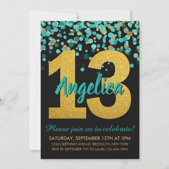 Teal Guld Glitter Confetti Black 13:e födelsedagen Inbjudningar (Framsida)