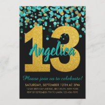 Teal Guld Glitter Confetti Black 13:e födelsedagen