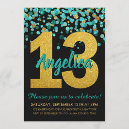 Teal Guld Glitter Confetti Black 13:e födelsedagen Inbjudningar