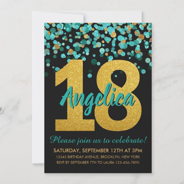 Teal Guld Glitter Confetti Black 18:e födelsedagen Inbjudningar (Framsida)