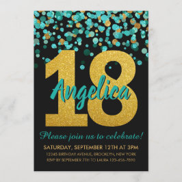Teal Guld Glitter Confetti Black 18:e födelsedagen Inbjudningar