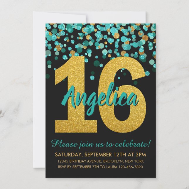 Teal Guld Glitter Confetti Black Sweet 16 Birthday Inbjudningar (Framsida)