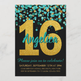 Teal Guld Glitter Confetti Black Sweet 16 Birthday Inbjudningar