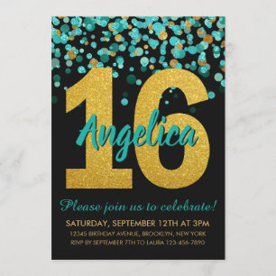 Teal Guld Glitter Confetti Black Sweet 16 Birthday Inbjudningar
