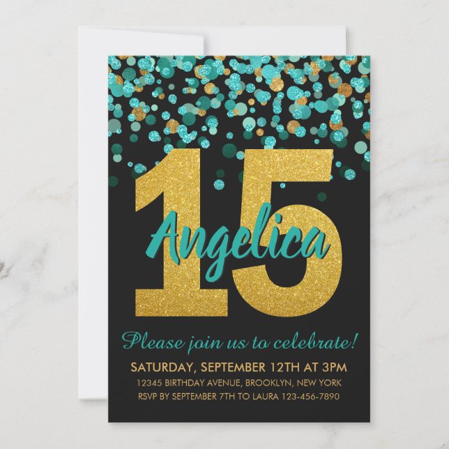 Teal Guld Glitter Confetti Quinceañera 15 födelsed Inbjudningar (Framsida)