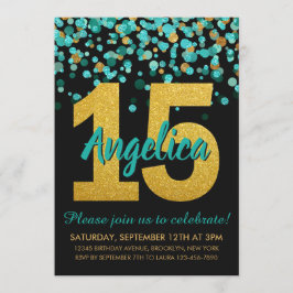 Teal Guld Glitter Confetti Quinceañera 15 födelsed Inbjudningar