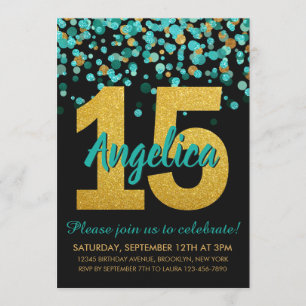 Teal Guld Glitter Confetti Quinceañera 15 födelsed Inbjudningar
