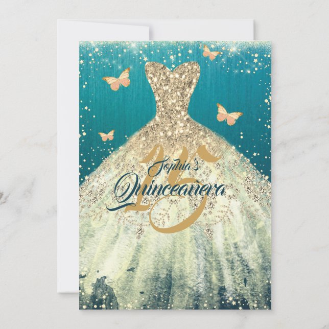 Teal Guld Glitter Fjäril Klänning Quinceanera  Inbjudningar (Baksida)