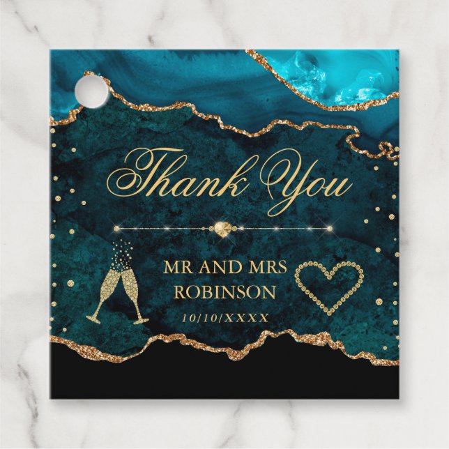 Teal & Guld Glitter Marble Agate Bröllop Gåvor Etiketter (Framsida)