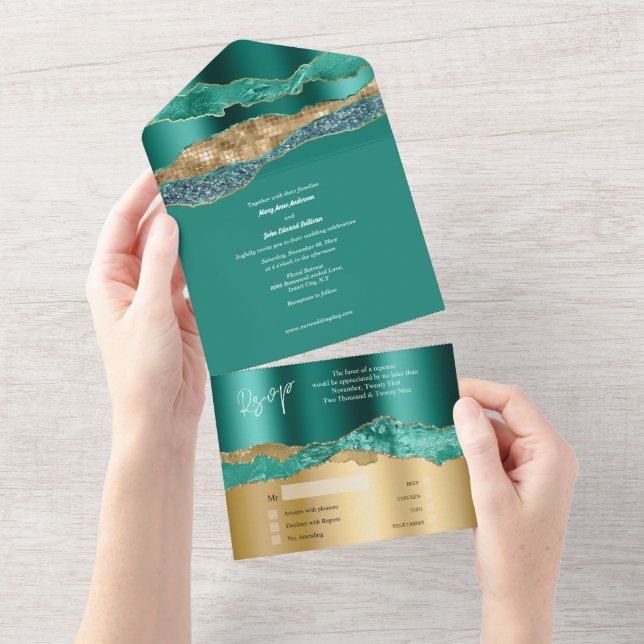 Teal guld glitter marble agate elegant bröllop (Avrivbar del)
