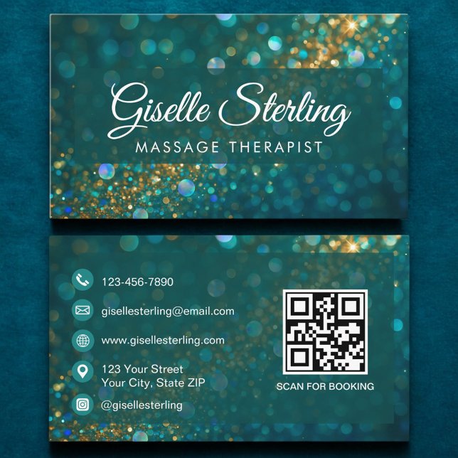 Teal Guld Glitter Opal Massage Therapist QR- kod Visitkort (Skapare uppladdad)