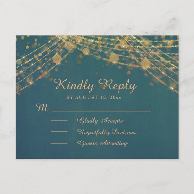 Teal Guld Glitter Strängljus Quinceañera RSVP Vykort (Framsida)