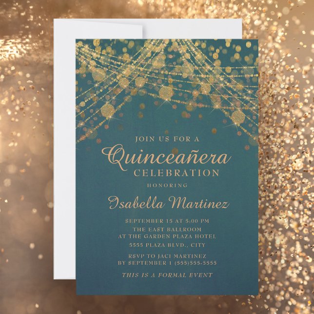 Teal Guld Glitter String Ljus Quinceañera Inbjudningar (Skapare uppladdad)