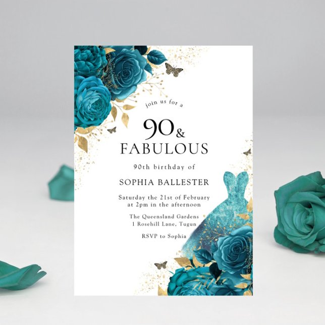 Teal Guld Gnistra Dress Ro 90:e Födelsedagsfest Inbjudningar (Skapare uppladdad)