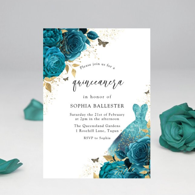 Teal & Guld Gnistra Dress Ro Quinceanera Party Inbjudningar (Skapare uppladdad)