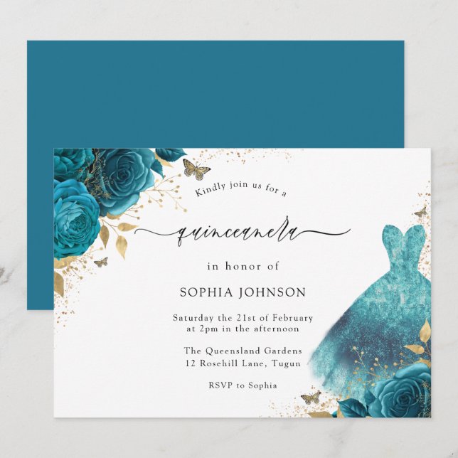 Teal & Guld Gnistra Dress Ro Quinceanera Party Inbjudningar (Fram/baksida)