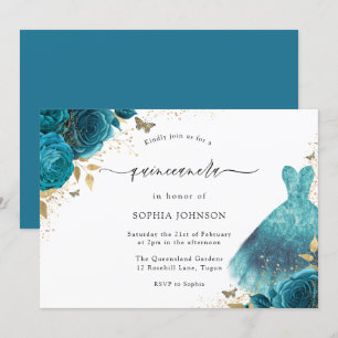 Teal & Guld Gnistra Dress Ro Quinceanera Party Inbjudningar