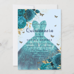 Teal Guld Gnistra Dress Ro Quinceanera Party Inbjudningar