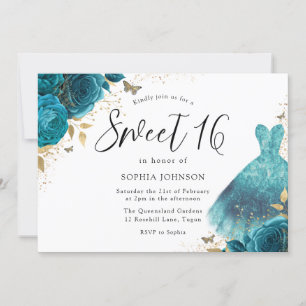 Teal & Guld Gnistra Dress Ro Sweet 16 Birthday Inbjudningar