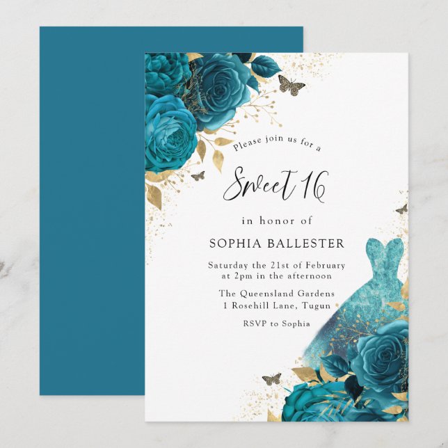 Teal & Guld Gnistra Dress Ro Sweet 16 Party Inbjudningar (Fram/baksida)