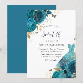 Teal & Guld Gnistra Dress Ro Sweet 16 Party Inbjudningar