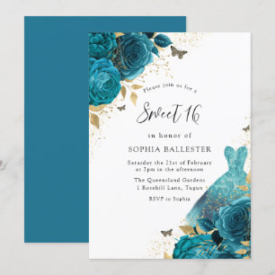 Teal & Guld Gnistra Dress Ro Sweet 16 Party Inbjudningar