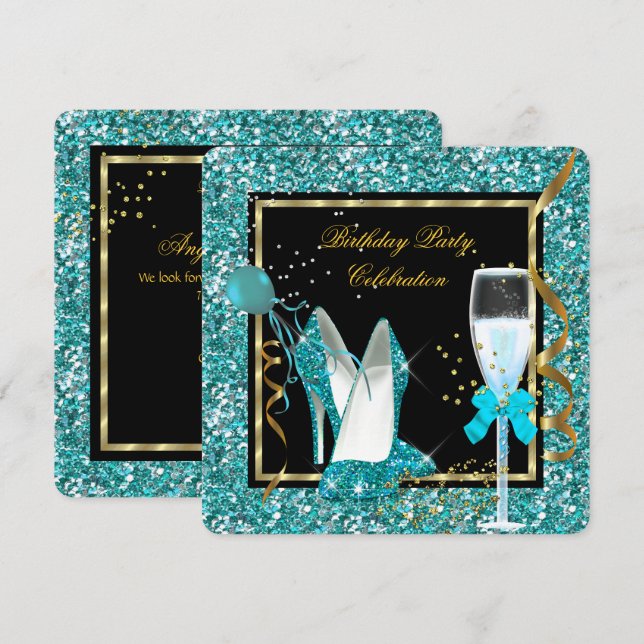 Teal Guld Högklackar Glitter Birthday Black Inbjudningar (Fram/baksida)