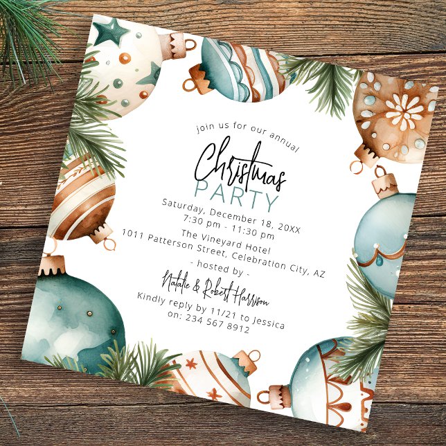 Teal & Guld Julgran Ornaments Party Inbjudningar (Skapare uppladdad)