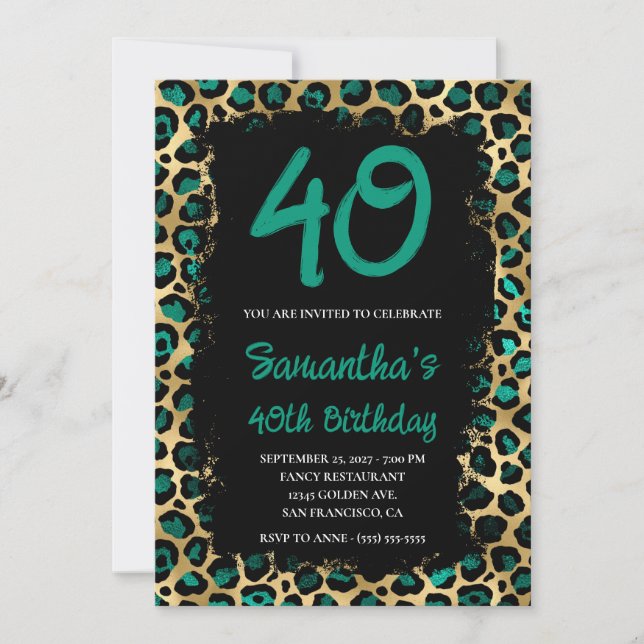 Teal Guld Leopard målade svart 40:e födelsedagen Inbjudningar (Framsida)