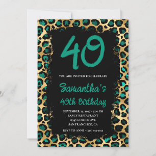 Teal Guld Leopard målade svart 40:e födelsedagen Inbjudningar