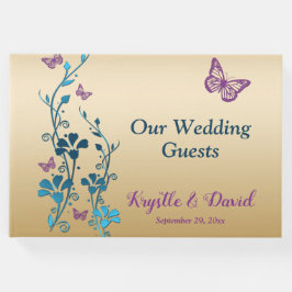 Teal, Guld, Lila Blommigt, Butterflies Guestbook 2 Gästböcker