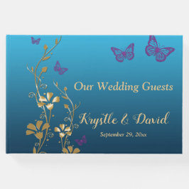 Teal, Guld, Lila Blommigt, Butterflies Guestbook Gästböcker
