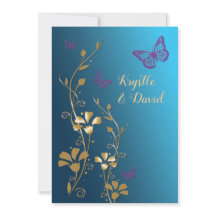 Teal, Guld, Lila blommor och Butterflies Inbjudan
