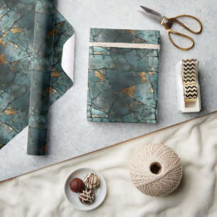 Teal & Guld Löv Distress Patina Mönster Design Presentpapper