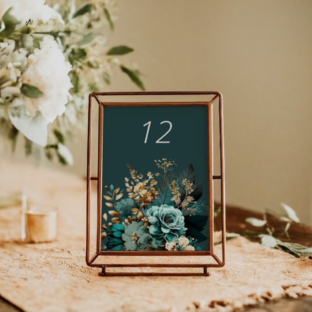 Teal Guld Luxe Blommigt Bröllop Bord-kort Bordsnummer (Skapare uppladdad)