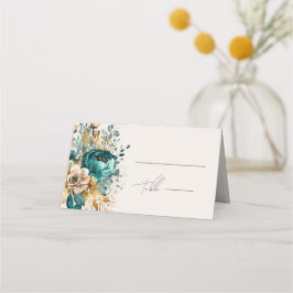 Teal Guld Luxe Blommigt Bröllop ortkort Placeringskort