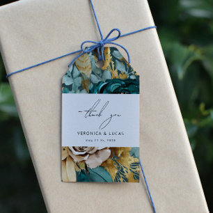 Teal Guld Luxe Blommigt Bröllop Tack Gift Märkre Presentetikett